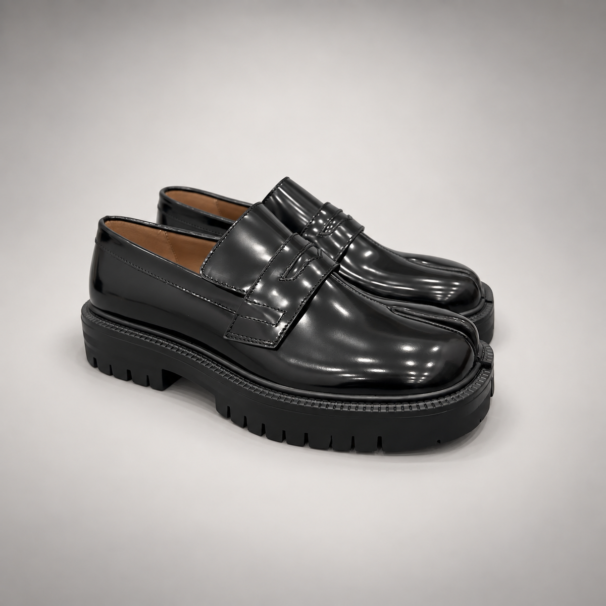 Black Patent Leather Split-Toe Platform Loafers pair view