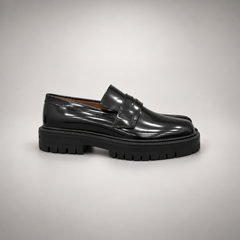 Black Patent Leather Split-Toe Platform Loafers side view
