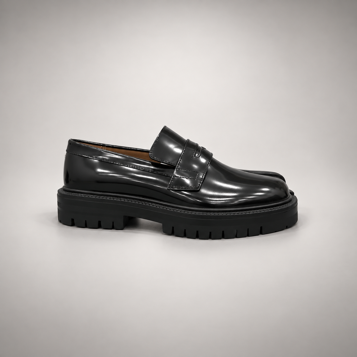 Black Patent Leather Split-Toe Platform Loafers side view