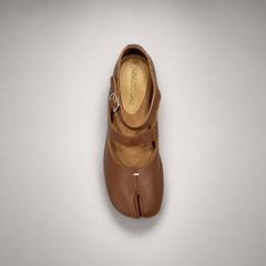Brown Leather Split-Toe Mary Jane Flats top view