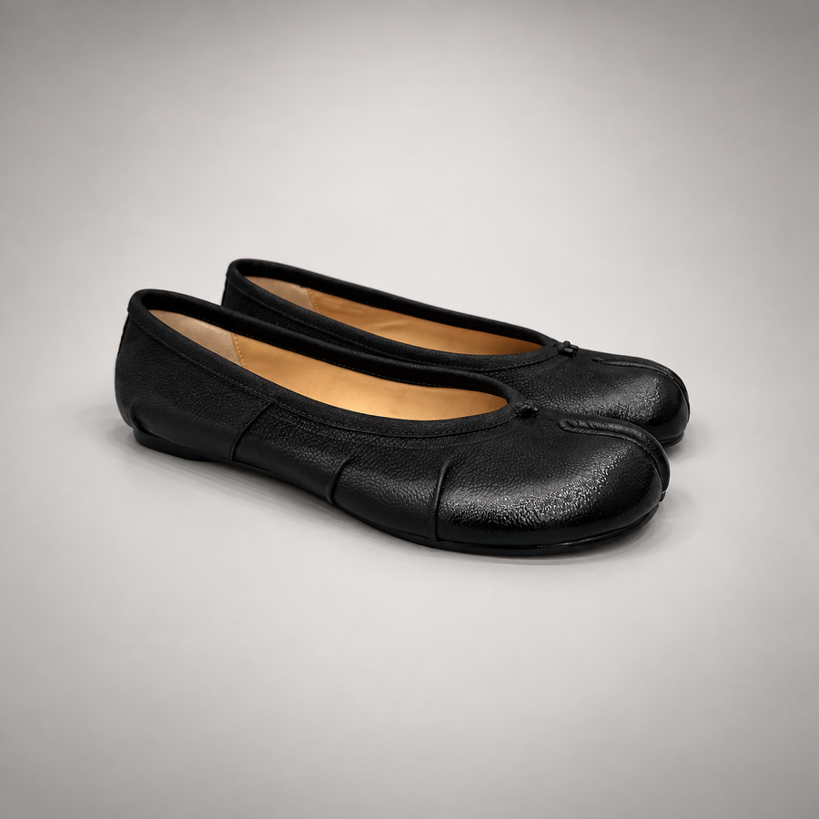 Black Leather Split-Toe Bow Ballet Flats pair view