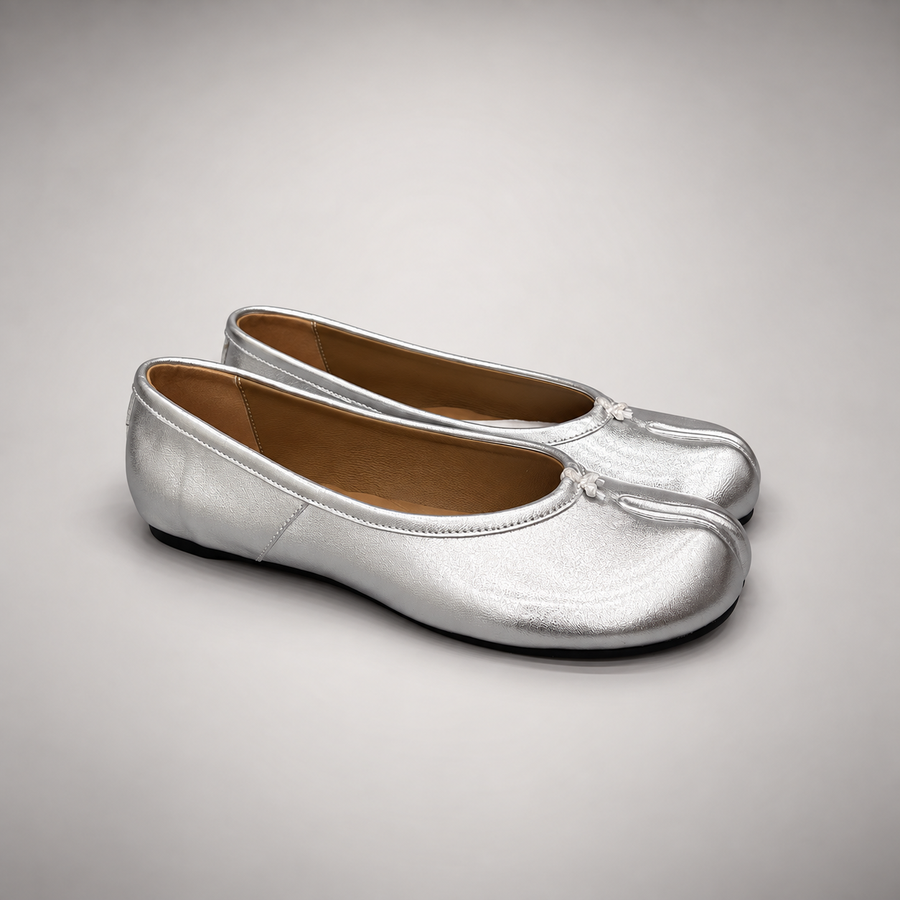 Silver Leather Split-Toe Bow Ballet Flats pair view