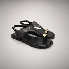 Black Leather T-Strap Thong Sandals pair view