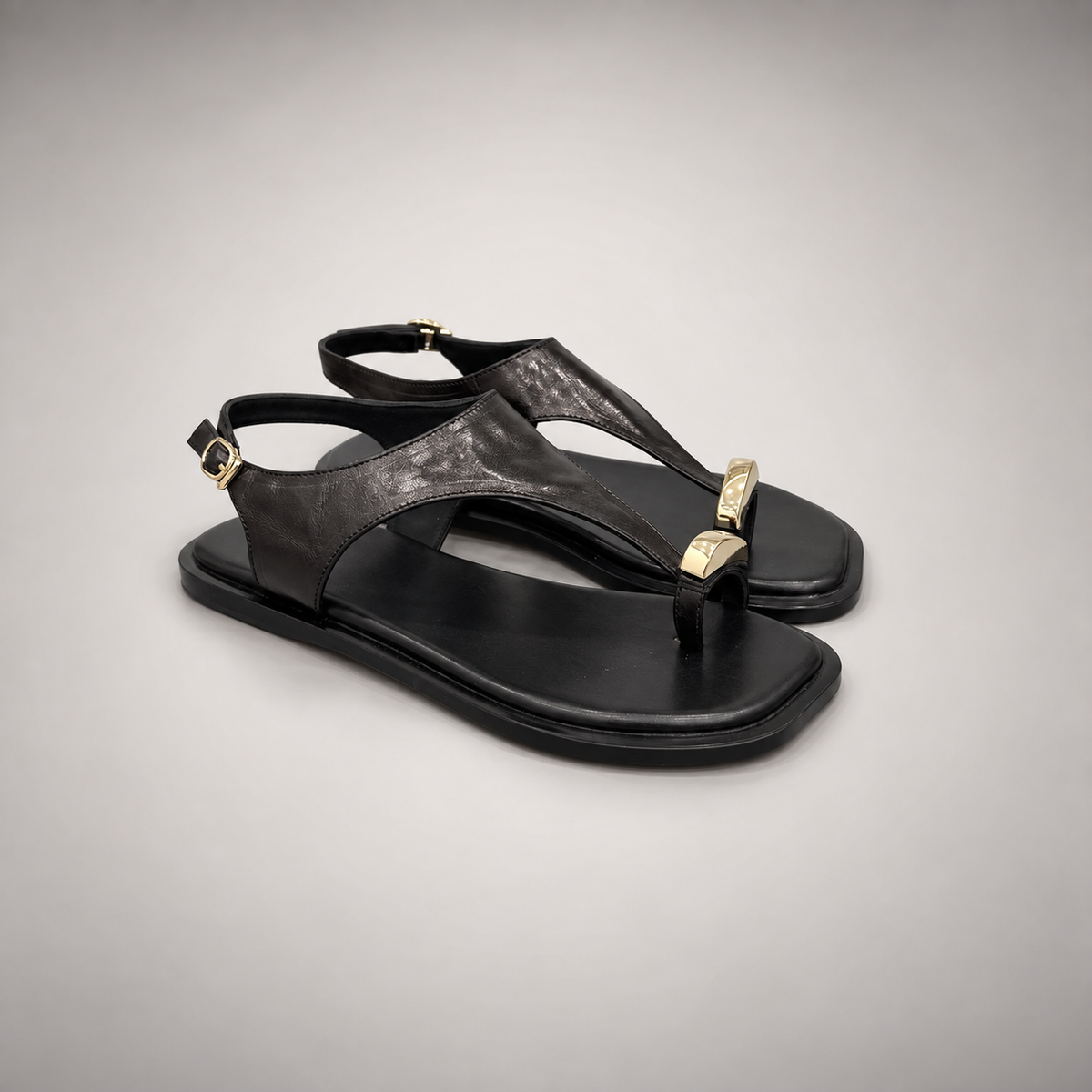 Black Leather T-Strap Thong Sandals pair view