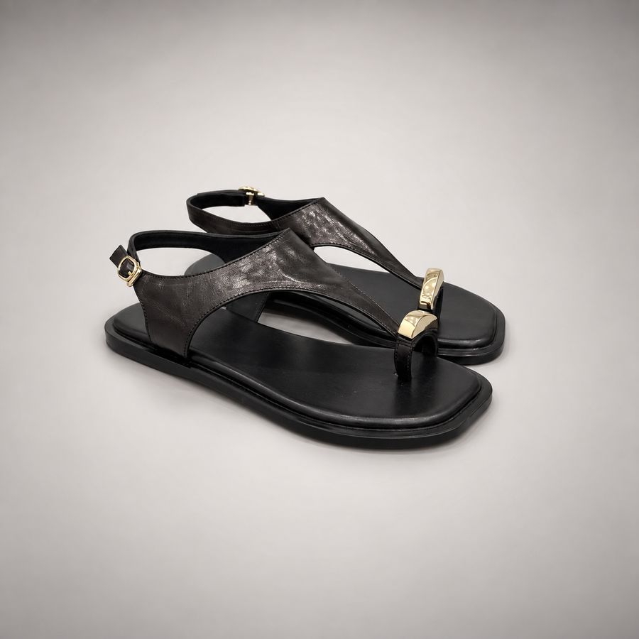Black Leather T-Strap Thong Sandals pair view