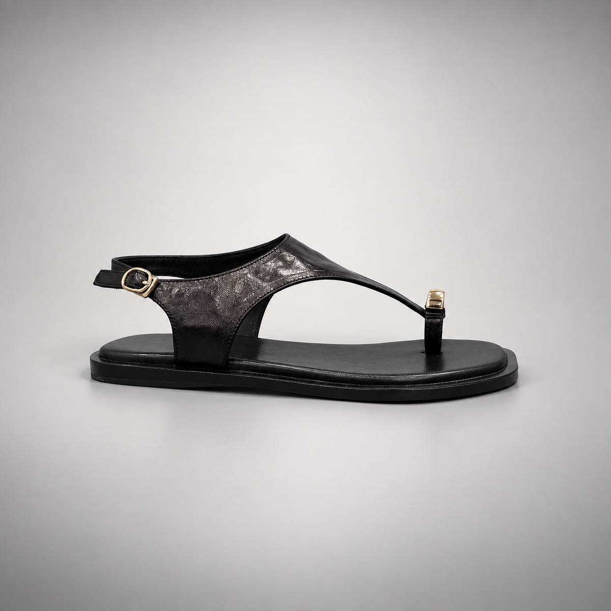 Black Leather T-Strap Thong Sandals side view