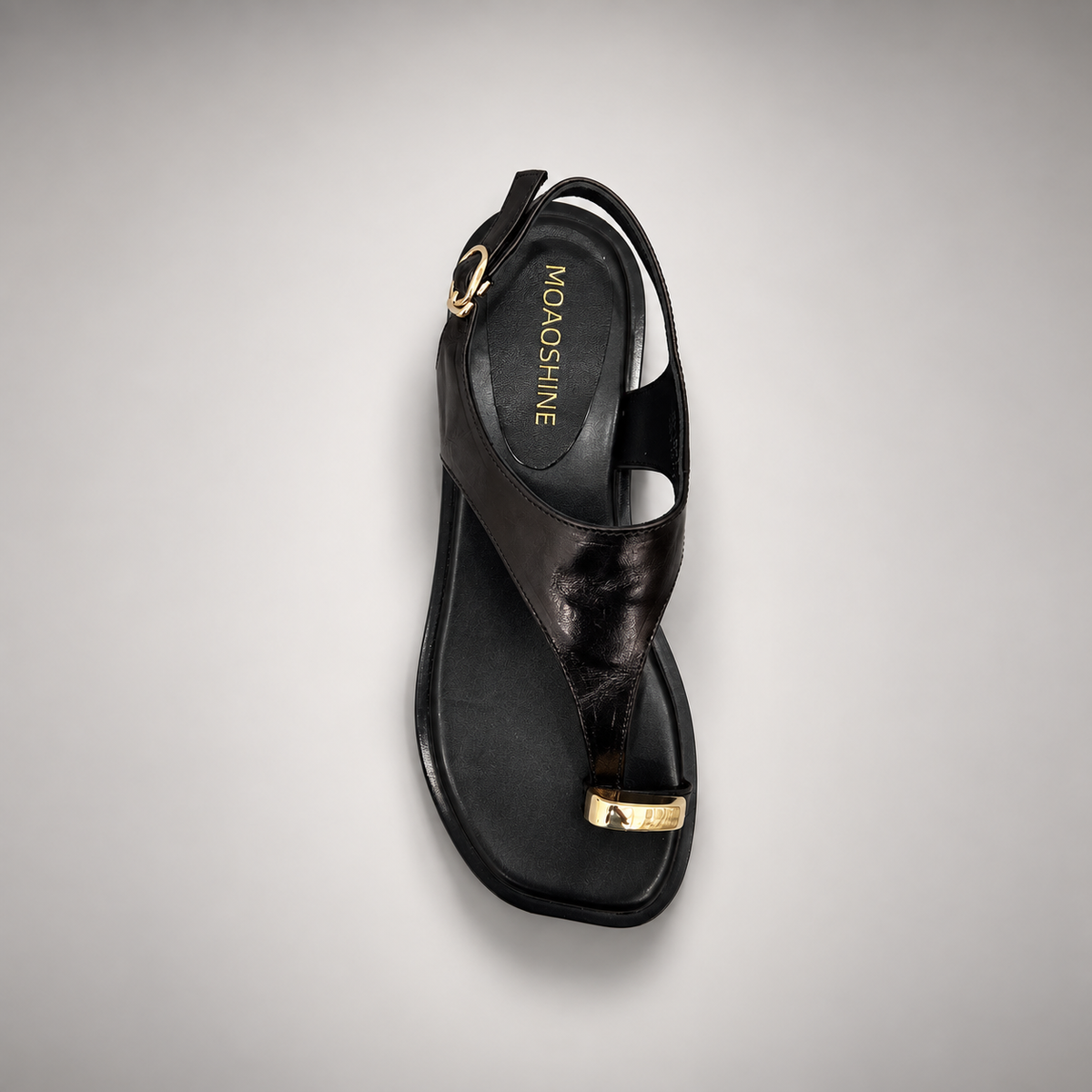 Black Leather T-Strap Thong Sandals top view