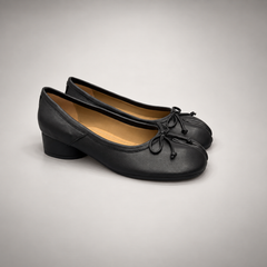 Black Leather Split-Toe Bow Block-Heel Flats pair view