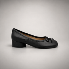 Black Leather Split-Toe Bow Block-Heel Flats side view