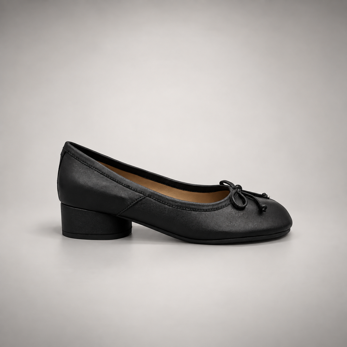 Black Leather Split-Toe Bow Block-Heel Flats side view