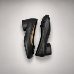 Black Leather Split-Toe Bow Block-Heel Flats top view