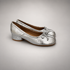 Silver Textured Leather Split-Toe Bow Block-Heel Flats pair view