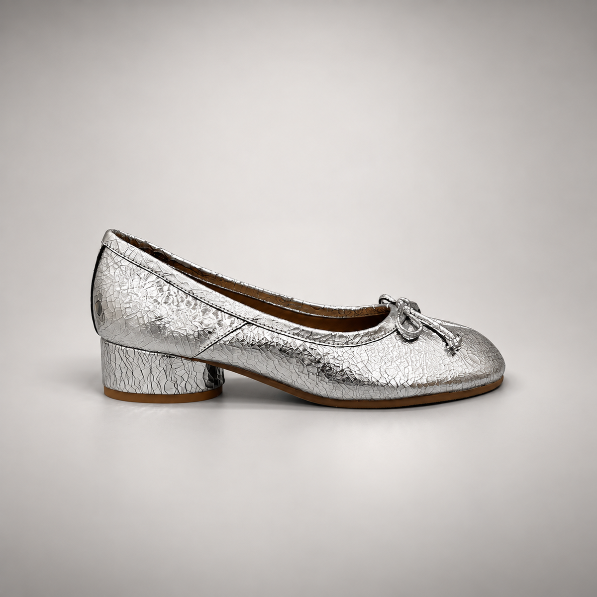 Silver Textured Leather Split-Toe Bow Block-Heel Flats side view