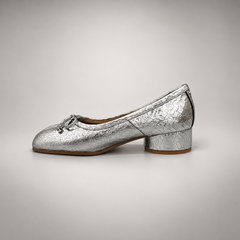 Silver Textured Leather Split-Toe Bow Block-Heel Flats opposite side