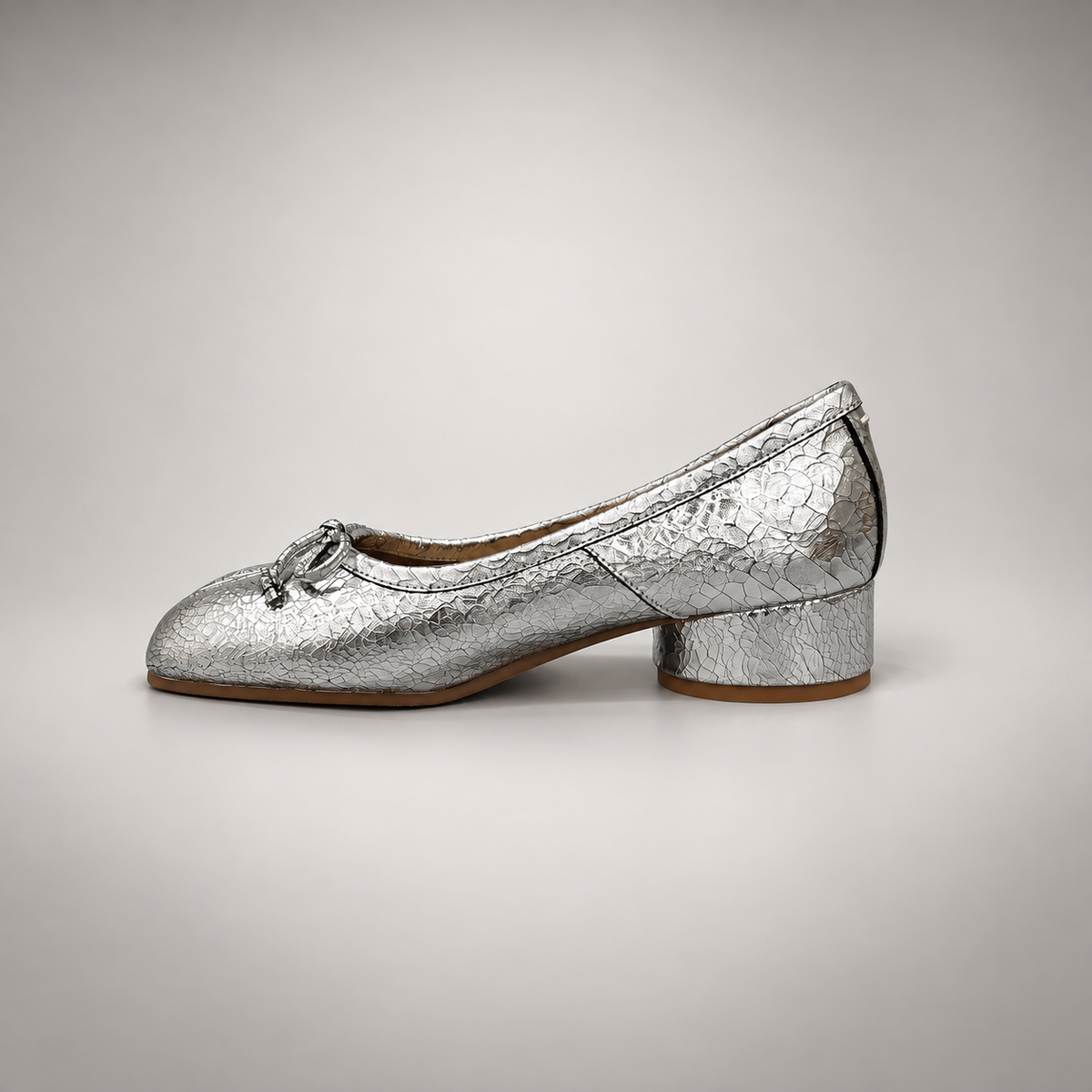 Silver Textured Leather Split-Toe Bow Block-Heel Flats opposite side