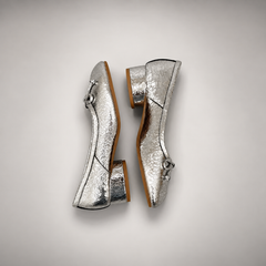 Silver Textured Leather Split-Toe Bow Block-Heel Flats outsole view