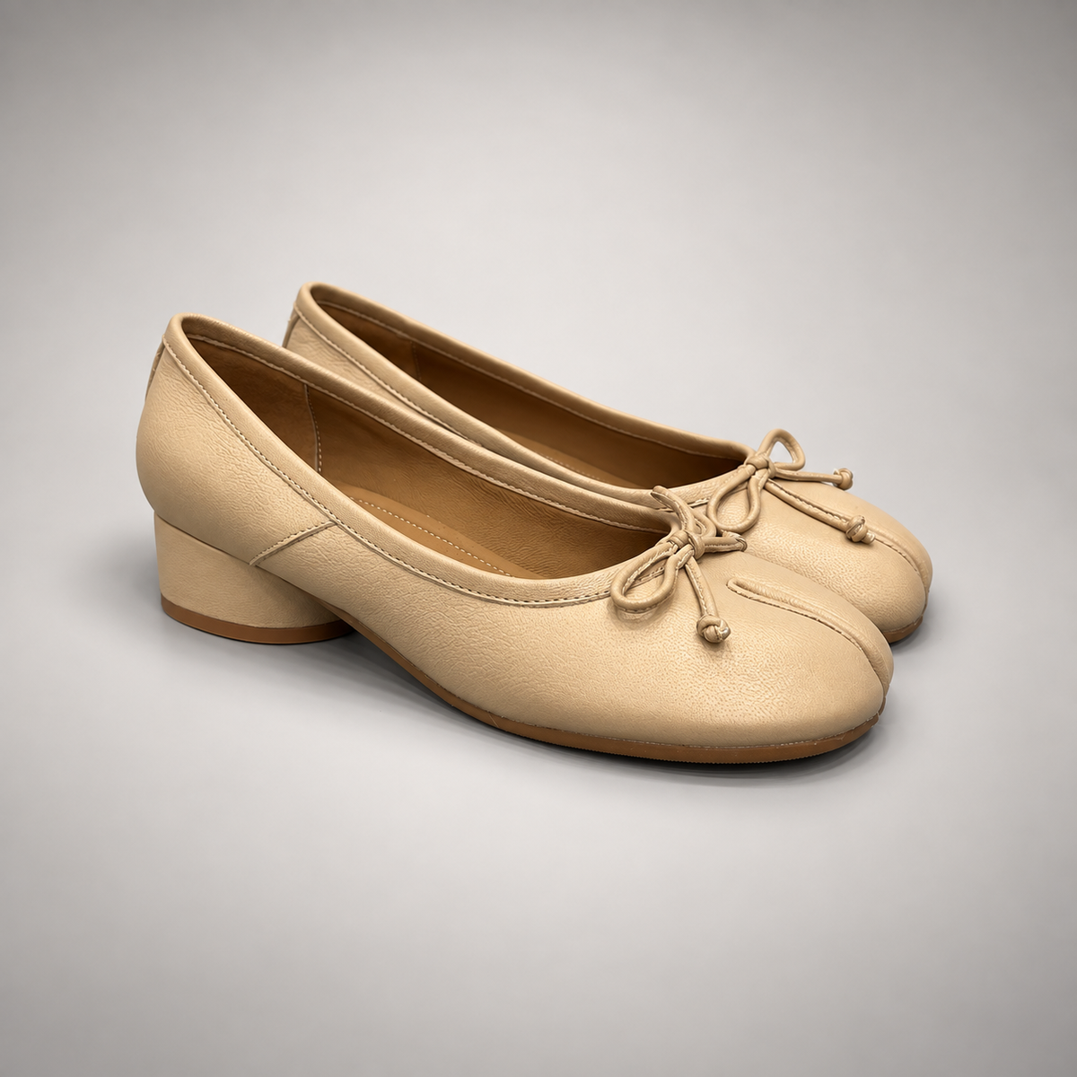 Beige Leather Split-Toe Bow Block-Heel Flats pair view