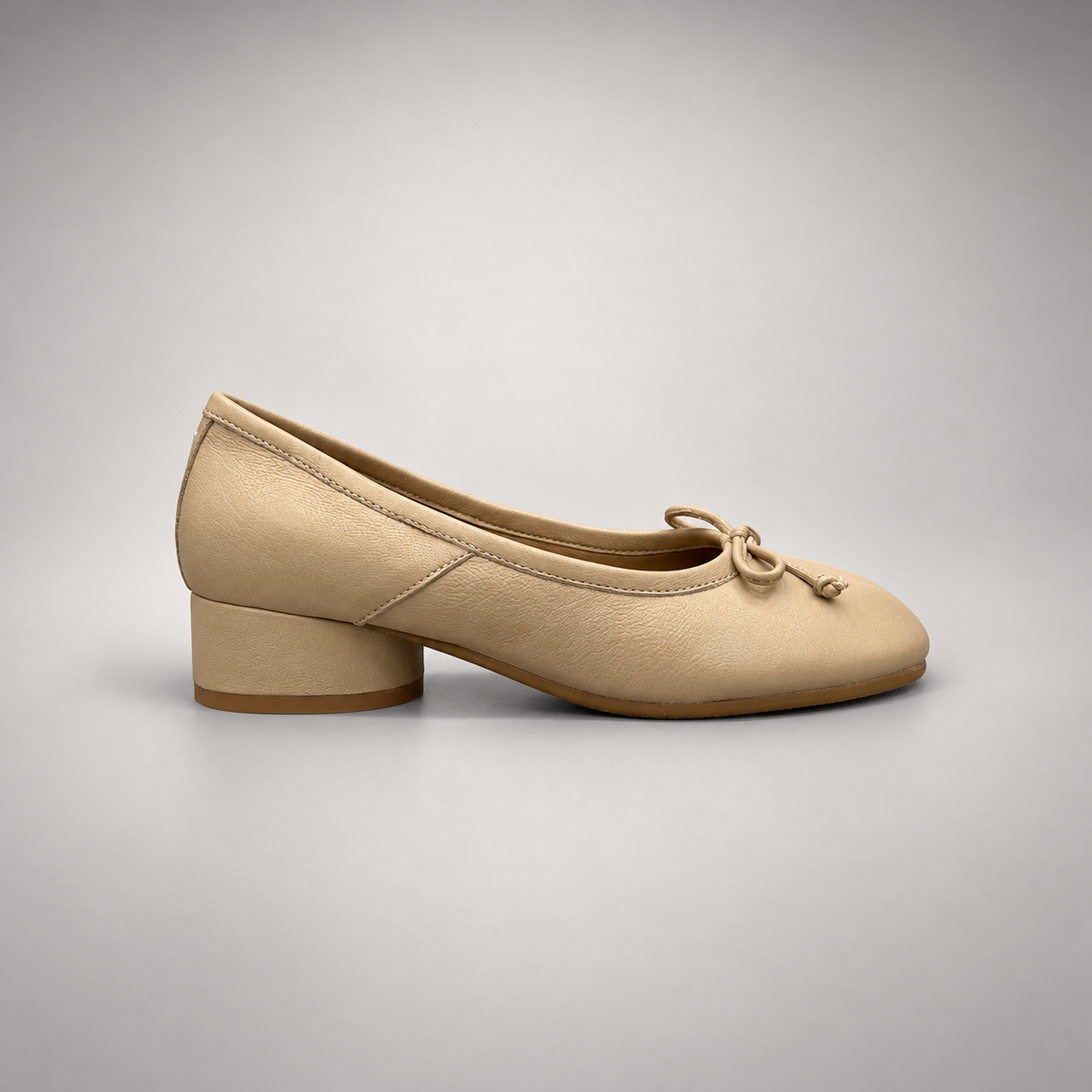 Beige Leather Split-Toe Bow Block-Heel Flats side view