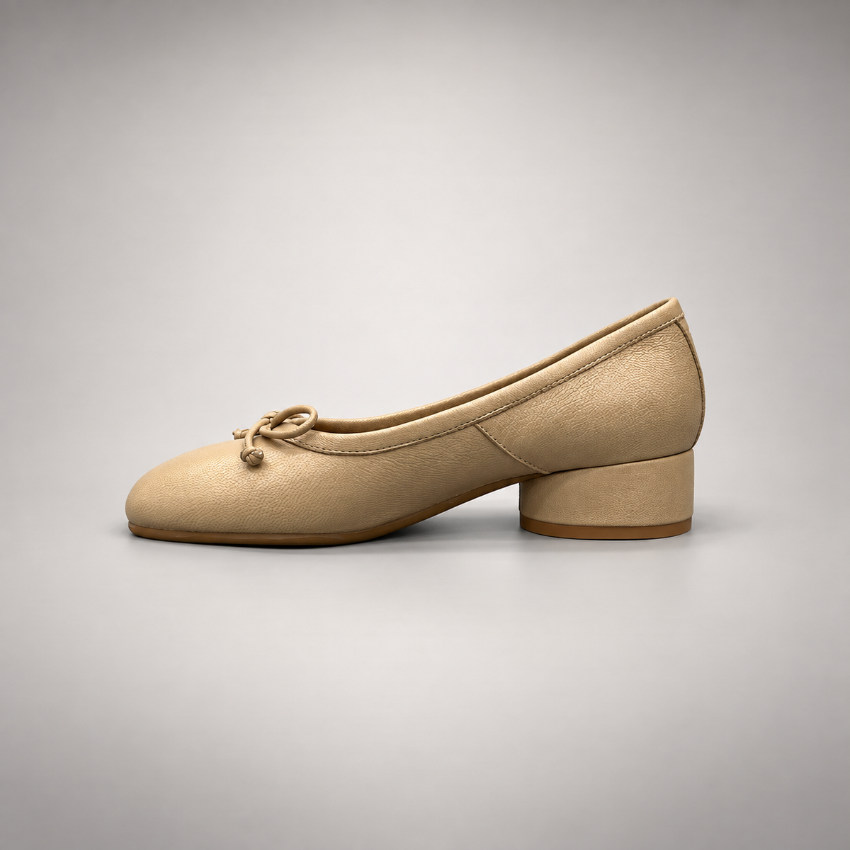 Beige Leather Split-Toe Bow Block-Heel Flats opposite side