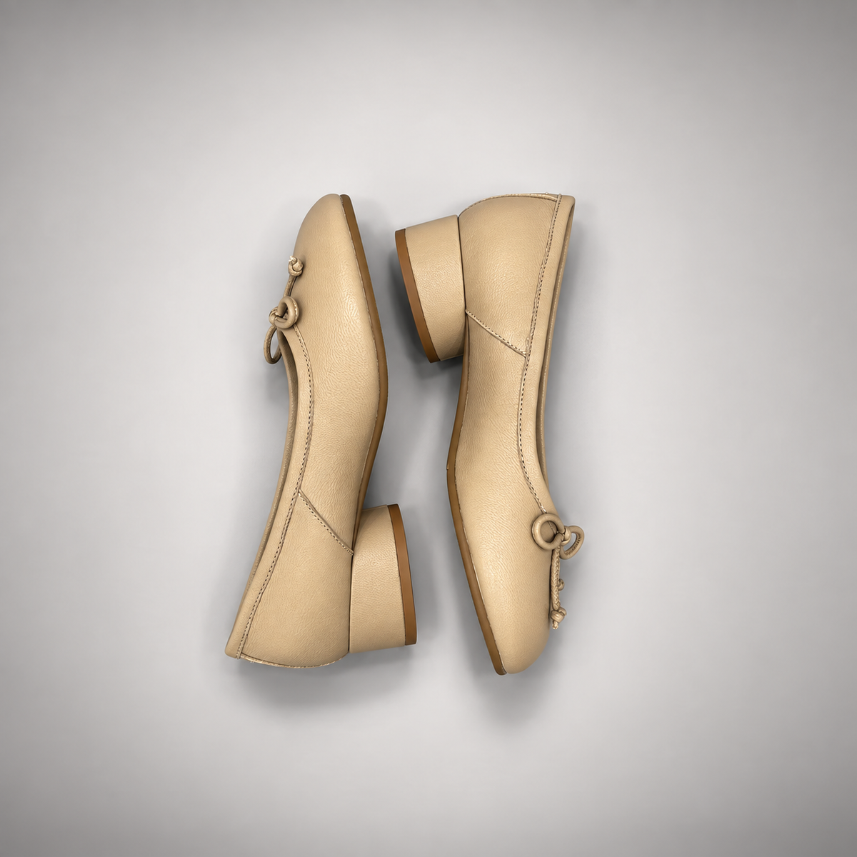 Beige Leather Split-Toe Bow Block-Heel Flats top view