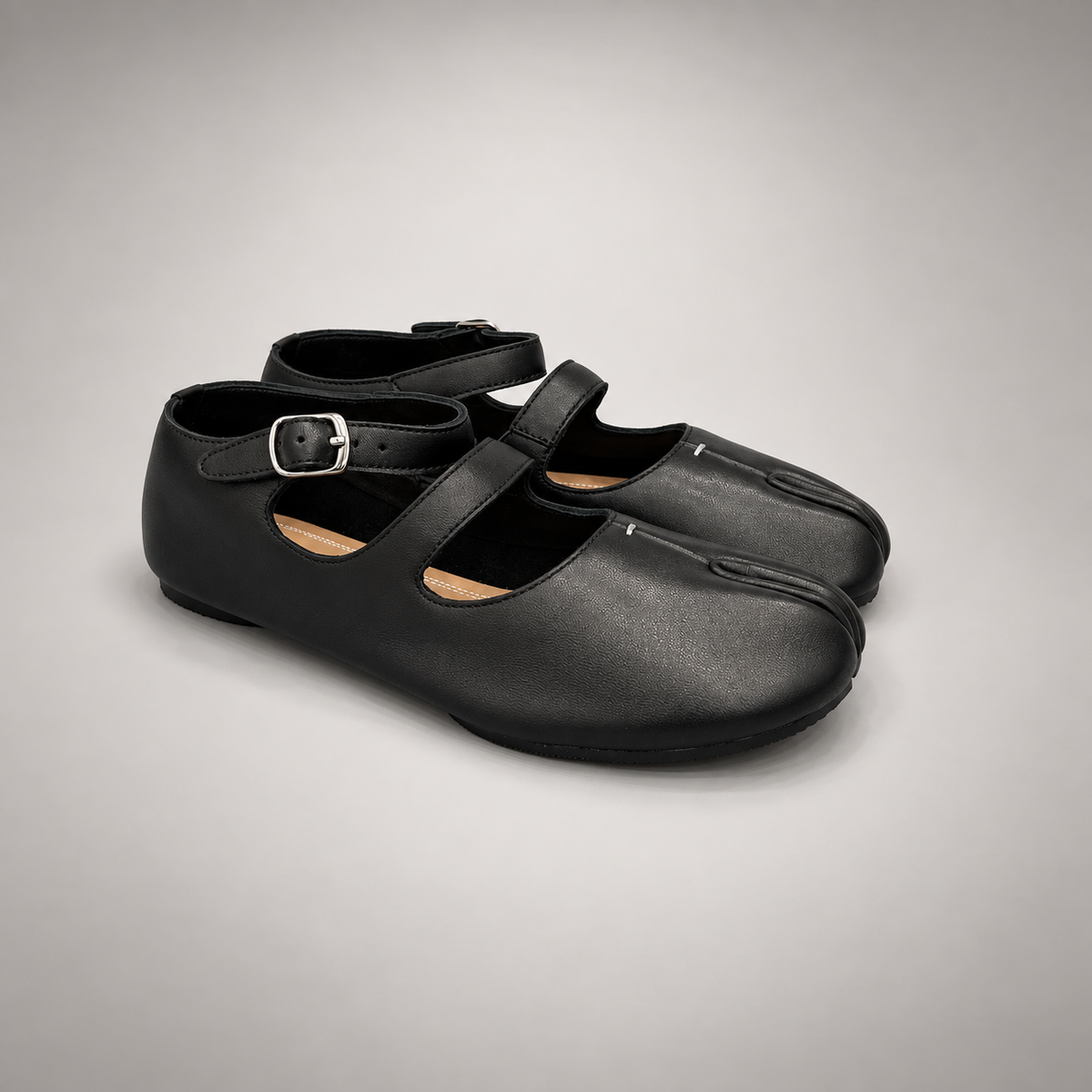 Black Leather Split-Toe Mary Jane Flats pair view