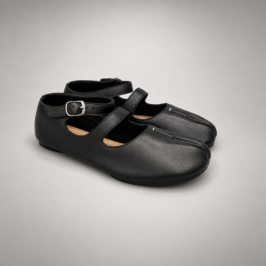 Black Leather Split-Toe Mary Jane Flats pair view
