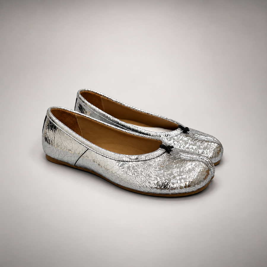 Silver Metallic Leather Split-Toe Ballet Flats pair view