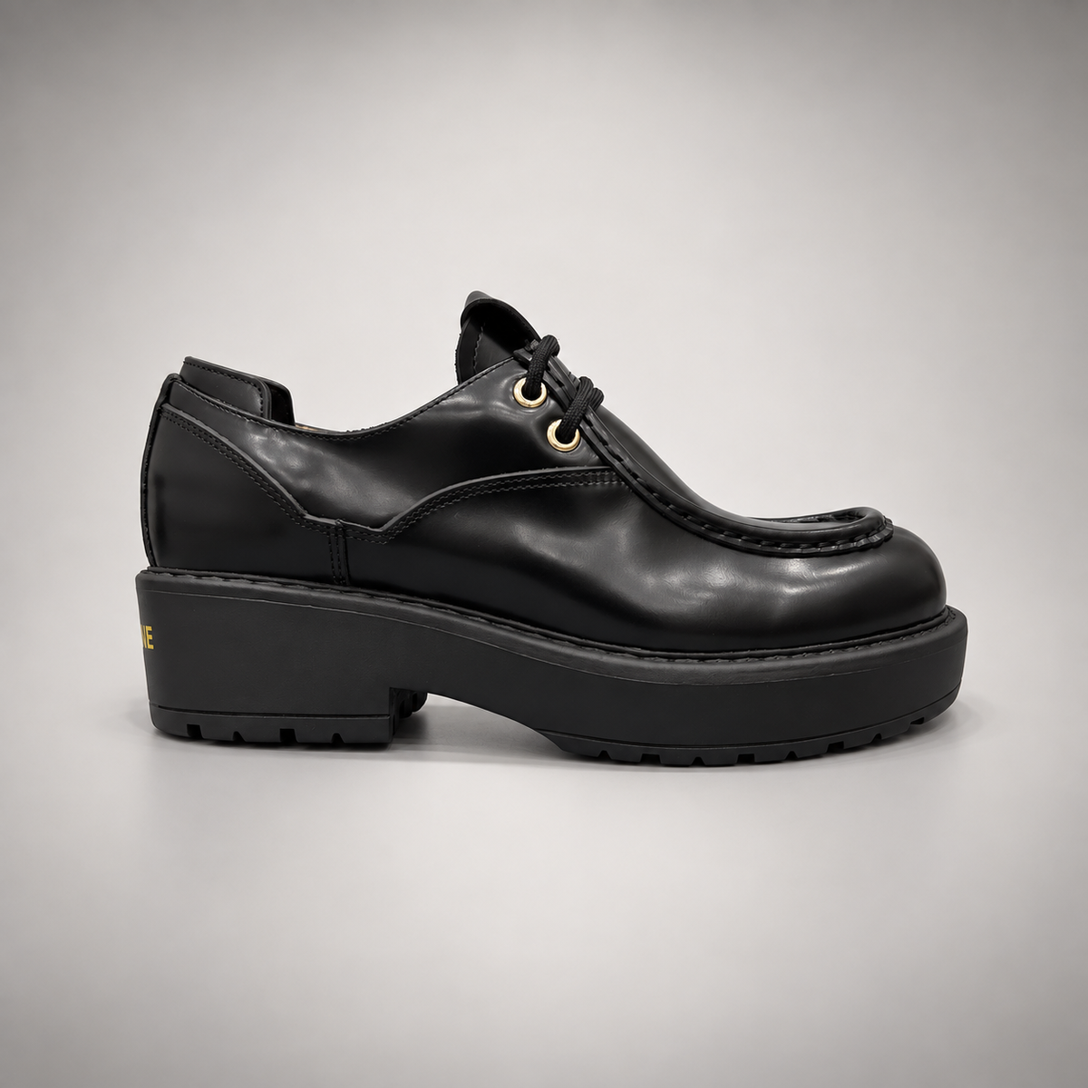 Black Polished Leather Platform Moc-Toe Lace-Up Shoes side view
