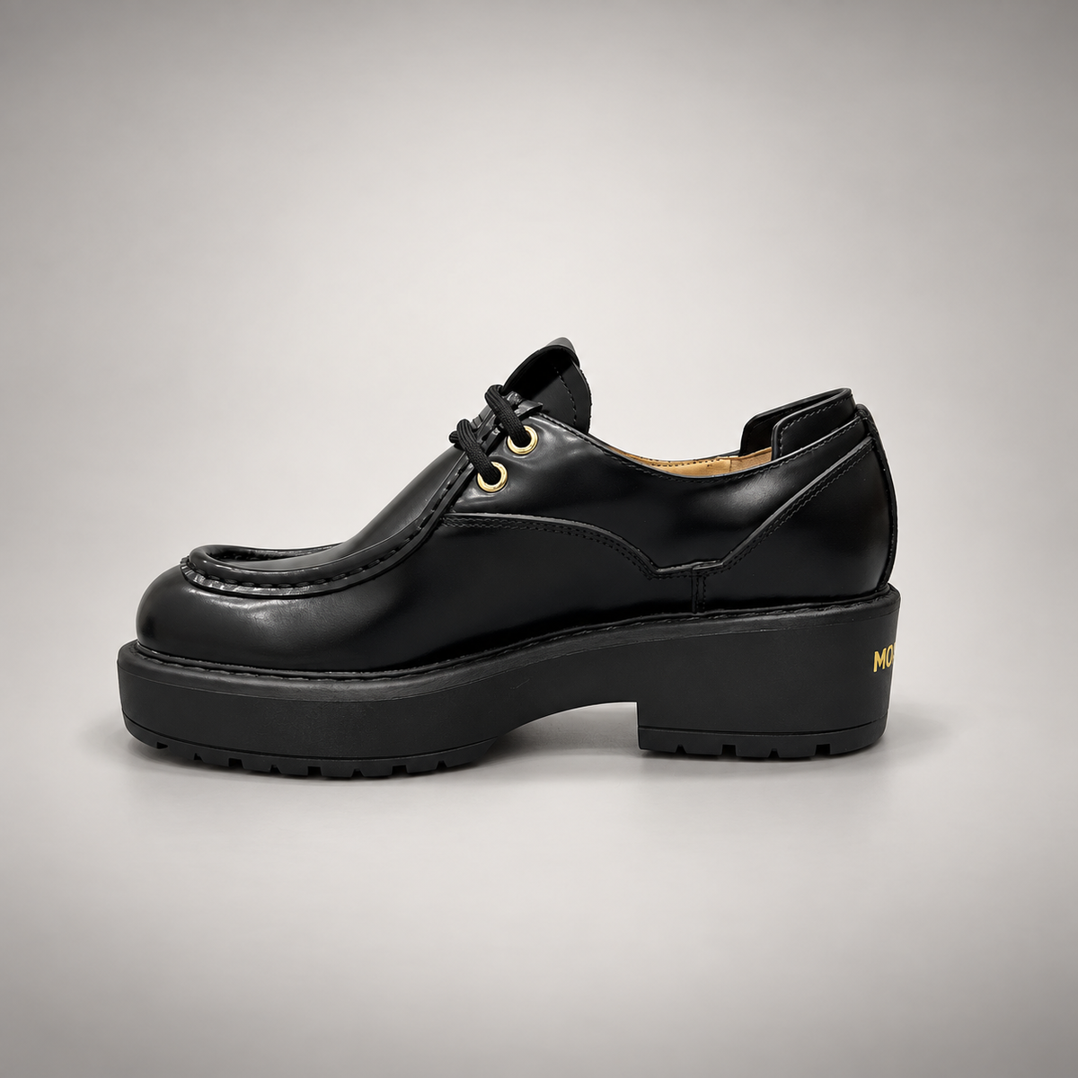 Black Polished Leather Platform Moc-Toe Lace-Up Shoes detail view