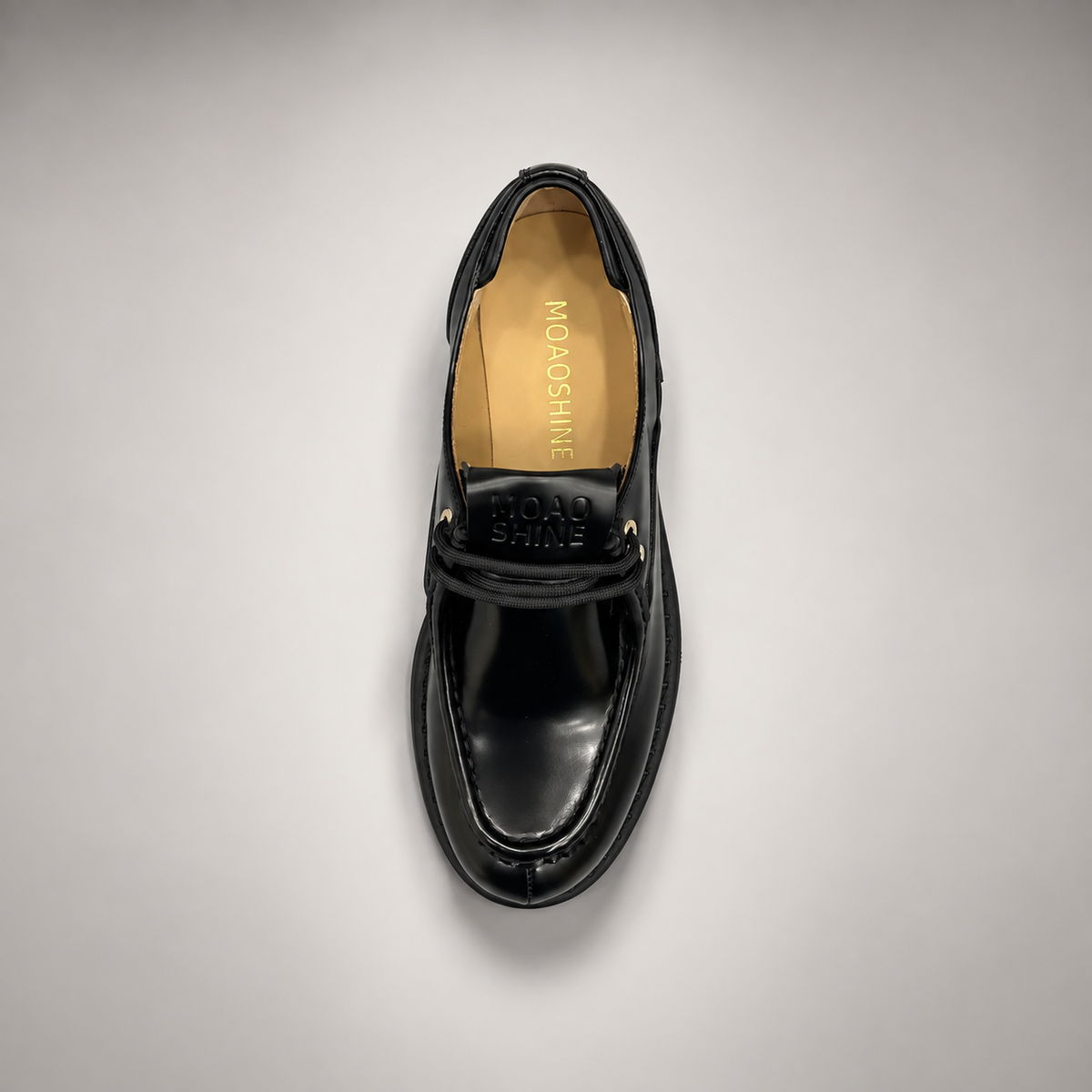 Black Polished Leather Platform Moc-Toe Lace-Up Shoes outsole view
