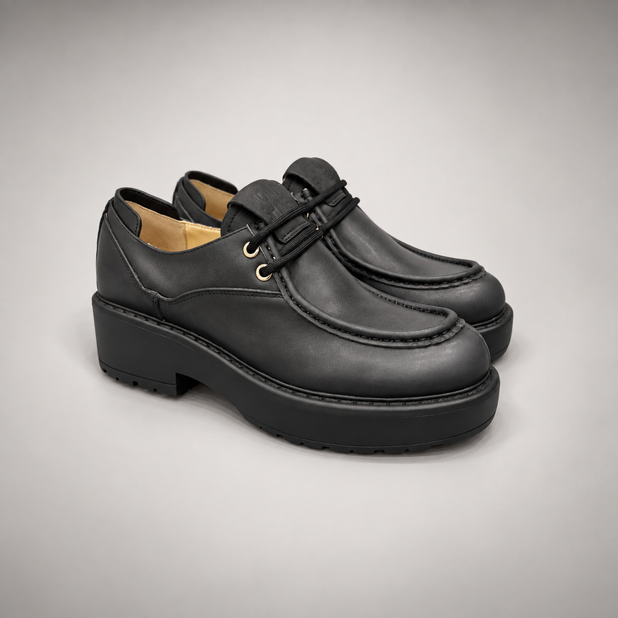 Black Leather Platform Moc-Toe Lace-Up Shoes pair view