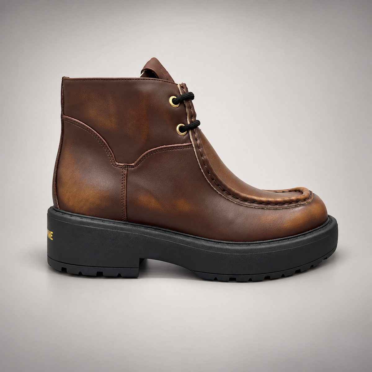 Brown Leather Platform Moc-Toe Ankle Boots side view