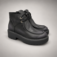Black Leather Platform Moc-Toe Ankle Boots pair view