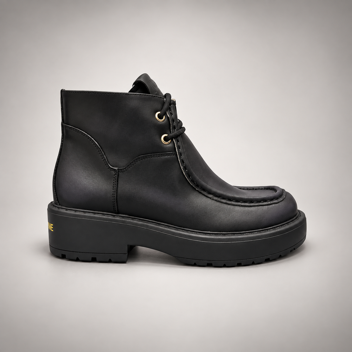 Black Leather Platform Moc-Toe Ankle Boots side view