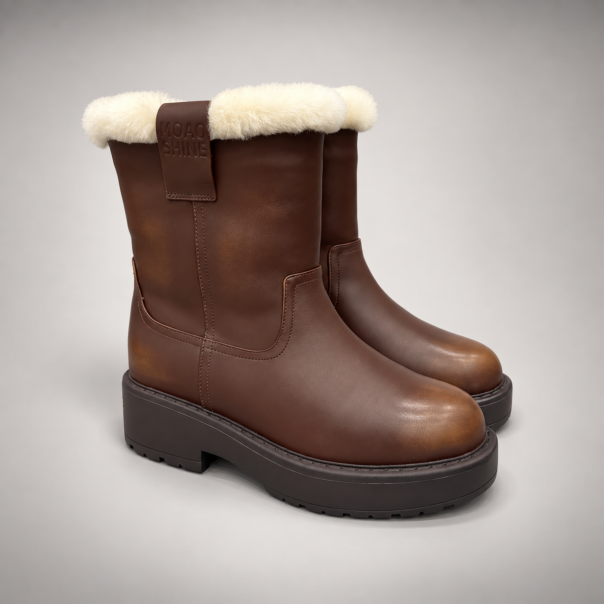Brown Leather Wool-Lined Platform Mid-Calf Boots pair view