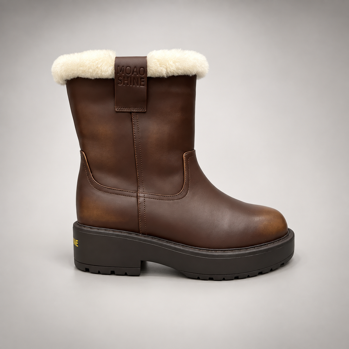 Brown Leather Wool-Lined Platform Mid-Calf Boots side view