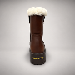 Brown Leather Wool-Lined Platform Mid-Calf Boots rear view
