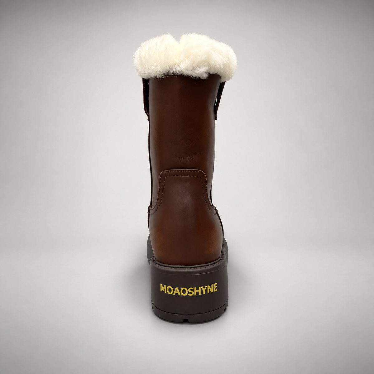 Brown Leather Wool-Lined Platform Mid-Calf Boots rear view