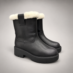Black Leather Wool-Lined Platform Mid-Calf Boots pair view