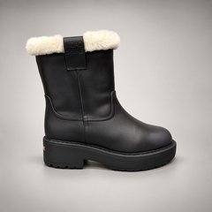 Black Leather Wool-Lined Platform Mid-Calf Boots side view