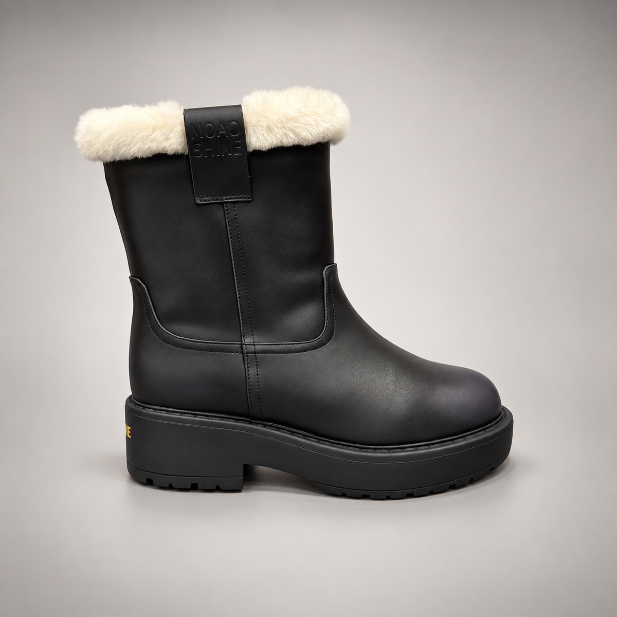 Black Leather Wool-Lined Platform Mid-Calf Boots side view