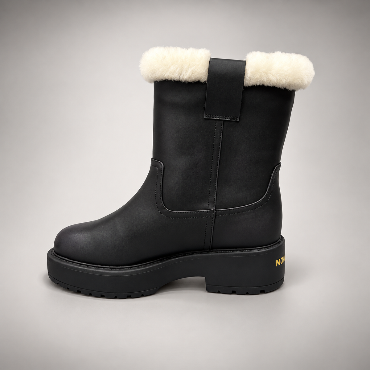Black Leather Wool-Lined Platform Mid-Calf Boots opposite side