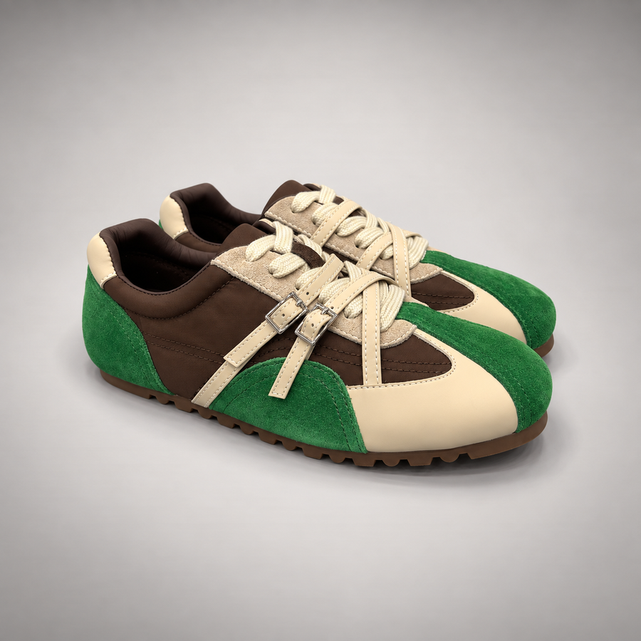 Green and Brown Suede Buckle-Detail Sneakers pair view
