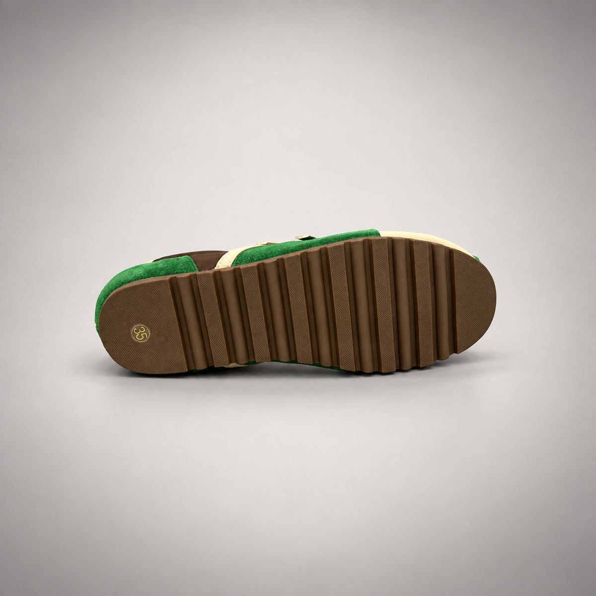 Green and Brown Suede Buckle-Detail Sneakers outsole view