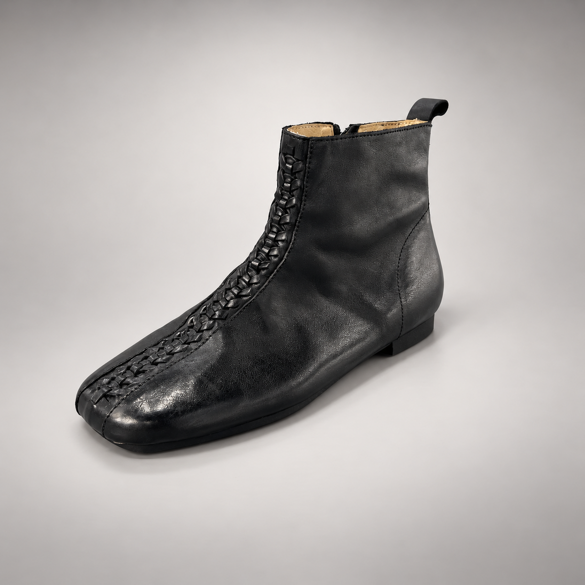 Black Washed Horse Leather Woven-Front Ankle Boots