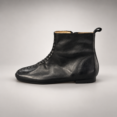 Black Washed Horse Leather Woven-Front Ankle Boots
