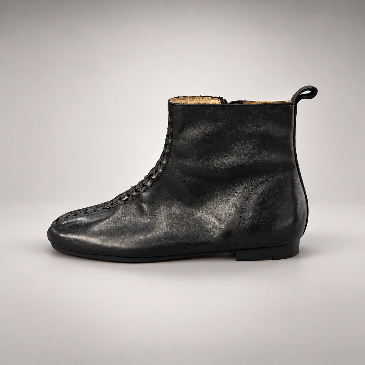 Black Washed Horse Leather Woven-Front Ankle Boots