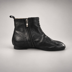Black Washed Horse Leather Woven-Front Ankle Boots