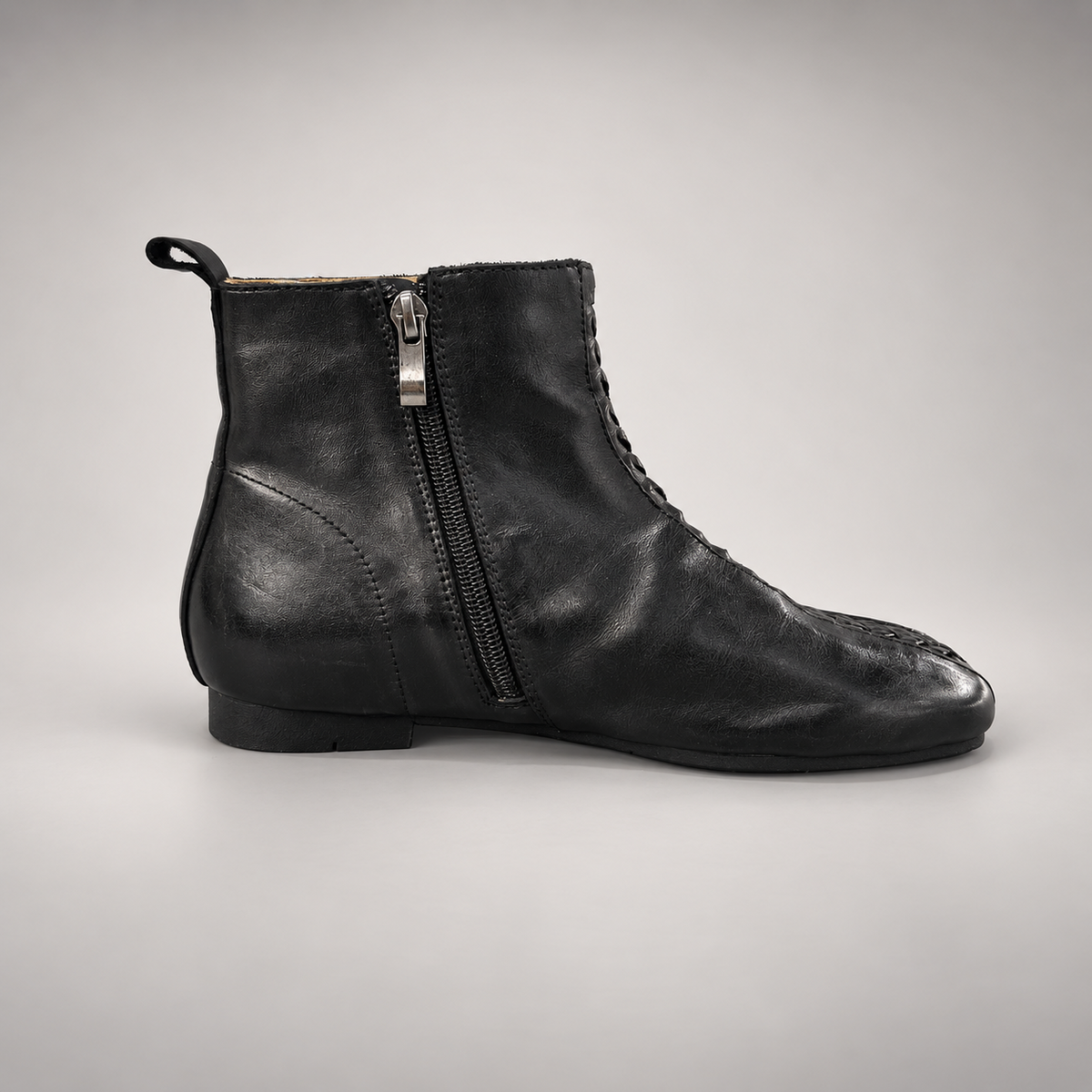 Black Washed Horse Leather Woven-Front Ankle Boots