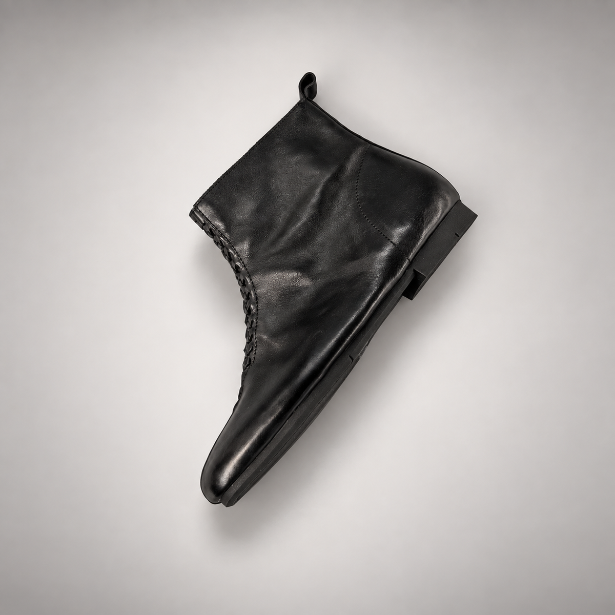 Black Washed Horse Leather Woven-Front Ankle Boots